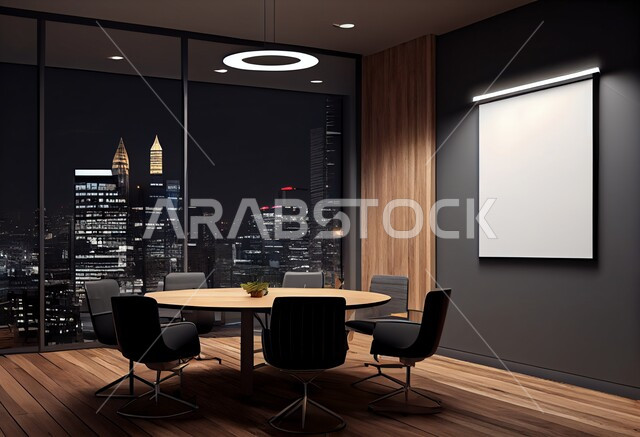  مكتب عمل بواجهه زجاجية مطلة على الابراج وناطحات السحاب في وضح الليل، تصميم عصري حديث لمكاتب الشركات السعودية،  غرفة اجتماعات واسعة مع طاولة محاطة بكراسي فاخرة،  غرف مكتبية بتصاميم داخلية وديكورات راقية