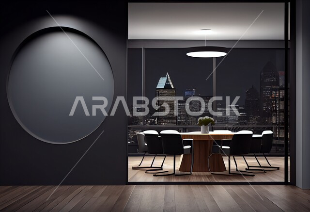  غرفة اجتماعات واسعة مع طاولة محاطة بكراسي فاخرة، غرف مكتبية بتصاميم داخلية وديكورات راقية، مكتب عمل بواجهه زجاجية مطلة على الابراج وناطحات السحاب في وضح الليل، تصميم عصري حديث لمكاتب الشركات السعودية