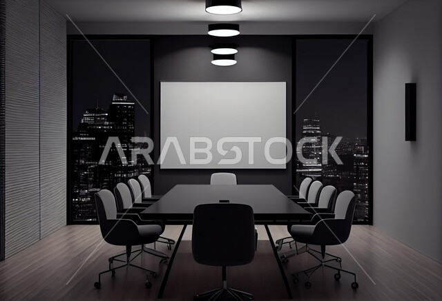 تصميم عصري حديث لمكاتب الشركات السعودية، غرفة اجتماعات واسعة مع طاولة محاطة بكراسي فاخرة، غرف مكتبية بتصاميم داخلية وديكورات راقية، مكتب عمل بواجهه زجاجية مطلة على الابراج وناطحات السحاب في وضح الليل