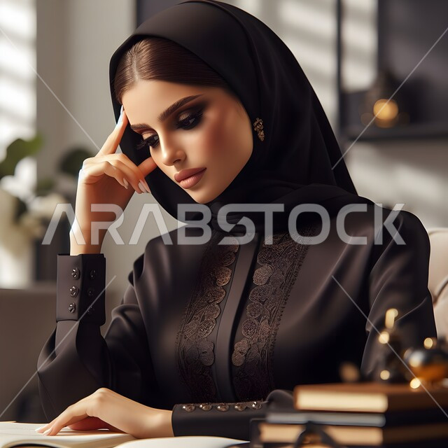 أزياء محجبات عصرية راقية، الملامح العربية القوية، مفهوم الأنوثة والنعومة والاهتمام بالمظهر الخارجي، ايماءات الثقة بالنفس، صورة مقربة لامرأة عربية خليجية سعودية محجبة ترتدي عباءة سوداء