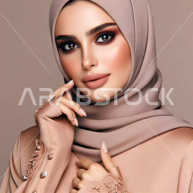 مفهوم الأنوثة والنعومة والاهتمام بالمظهر الخارجي، ايماءات الثقة بالنفس، بورتريه مقرب لامرأة عربية خليجية سعودية محجبة ترتدي عباءة باللون البيج، أزياء محجبات عصرية راقية، خلفية رمادية