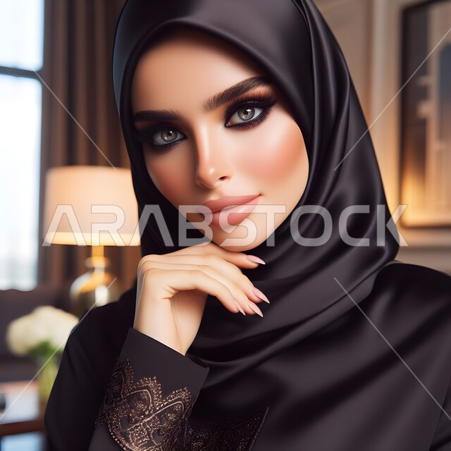 أزياء محجبات عصرية راقية، الملامح العربية القوية، مفهوم الأنوثة والنعومة والاهتمام بالمظهر الخارجي، ايماءات الثقة بالنفس، صورة مقربة لامرأة عربية خليجية سعودية محجبة ترتدي عباءة سوداء