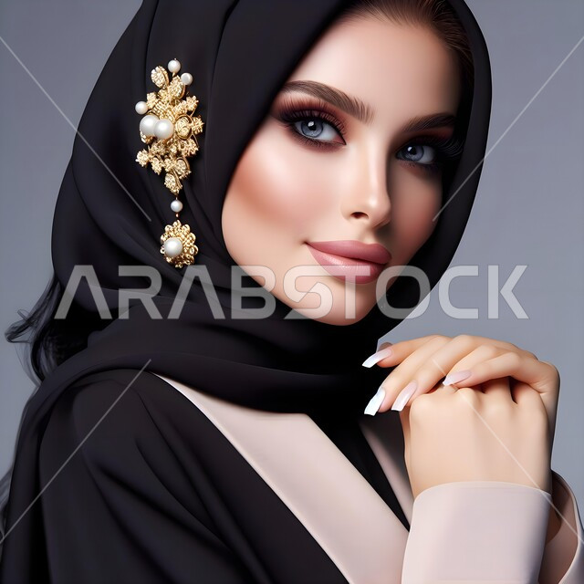 أزياء محجبات عصرية راقية، الملامح العربية القوية، مفهوم الأنوثة والنعومة والاهتمام بالمظهر الخارجي، ايماءات الثقة بالنفس، بورتريه مقرب لامرأة عربية خليجية سعودية محجبة ترتدي عباءة سوداء، خلفية رمادية