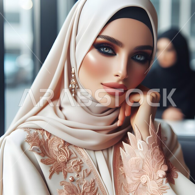 الملامح العربية القوية، مفهوم الأنوثة والنعومة والاهتمام بالمظهر الخارجي، ايماءات الثقة بالنفس، صورة مقربة لامرأة عربية خليجية سعودية محجبة ترتدي عباءة باللون البيج، أزياء محجبات عصرية راقية