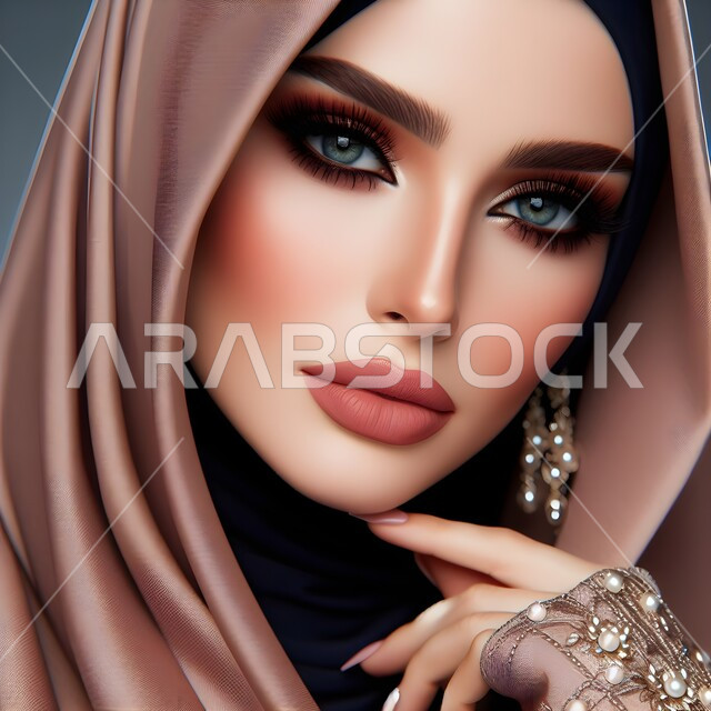 أزياء محجبات عصرية راقية، الملامح العربية القوية، مفهوم الأنوثة والنعومة والاهتمام بالمظهر الخارجي، ايماءات الثقة بالنفس، صورة مقربة لامرأة عربية خليجية سعودية محجبة