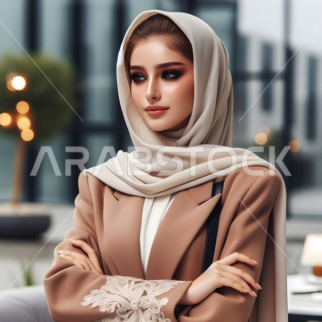 Modern, sophisticated veiled fashion, strong Arab features, the concept of femininity, softness, and attention to external appearance, gestures of self-confidence, a close-up photo of a veiled Saudi Gulf Arab woman