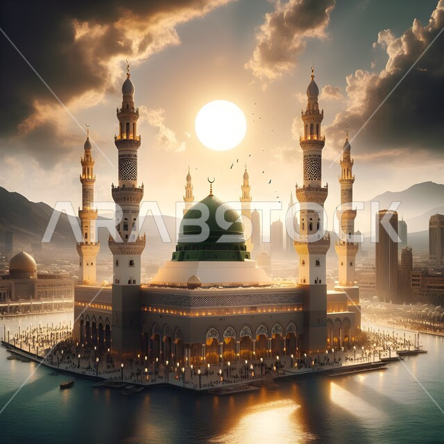 مجسم مصغر ثلاثي الأبعاد للمسجد النبوي الشريف في المدينة المنورة بالمملكة العربية السعودية، أماكن ومعالم إسلامية دينية مقدسة، منظر الغيوم القطنية البيضاء في السماء