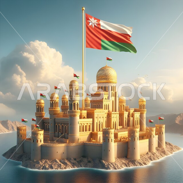 Pride and pride in the Omani symbols and flag, the flag of the Sultanate of Oman flying on a three-dimensional miniature model of a heritage castle in the sky of the nation in broad daylight, the national banners and flags of the Arab countries, a view of white clouds