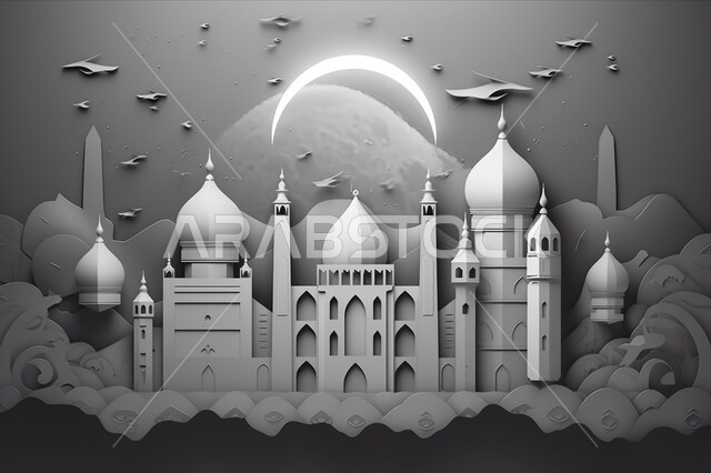 العبادة والتقرب الى الله، رسم توضيحي لمسجد ثلاثي الابعاد، تصاميم ومجسمات اسلامية، الفن الهندسي المعماري لجامع إسلامي عريق، الوحدة والتلاحم بين المسلمين في المسجد، تعزيز الروحانية والاستقرارالنفسي، خلفية رمادية