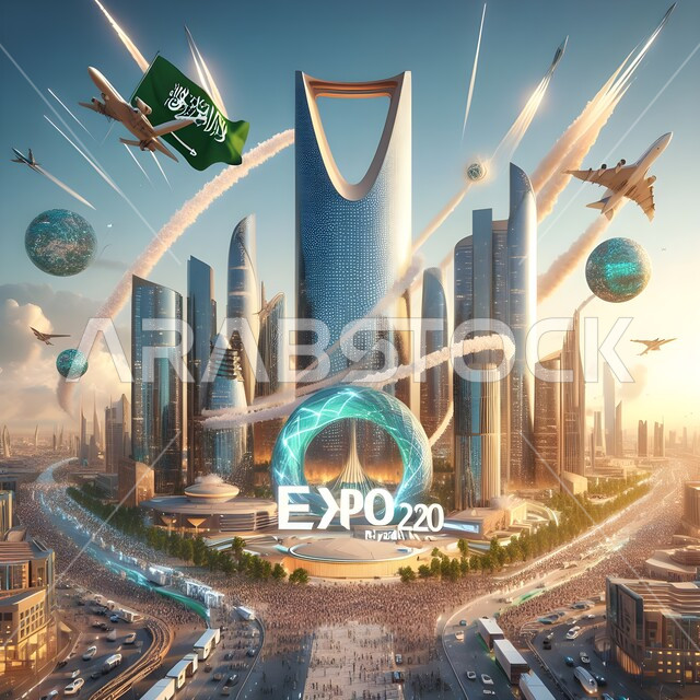 التطور و النمو الاقتصادي في العاصمة, العروض الثقافية والأنشطه والفعاليات الترفيهية في المملكة، الفن الهندسي المعماري على الطراز الحديث والمتطور, إضاءة الأبراج وناطحات السحاب الاقتصادية والتجارية المشهورة للاحتفال في مناسبة الفوز في معرض اكسبو 2030 في السعودية