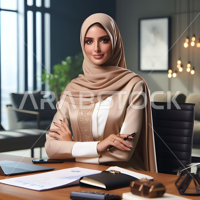 Managing and organizing business affairs, thinking about business strategies and goals, a close-up photo of a veiled Saudi Gulf Arab woman wearing a colorful abaya sitting in the office and looking at the camera with self-confidence gestures