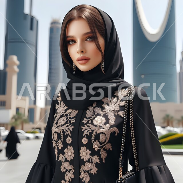 The concept of femininity and softness, elegant women’s abayas and clothing, a close-up photo of a veiled Saudi Arabian Gulf businesswoman wearing a black embroidered abaya looking at the camera with self-confidence gestures