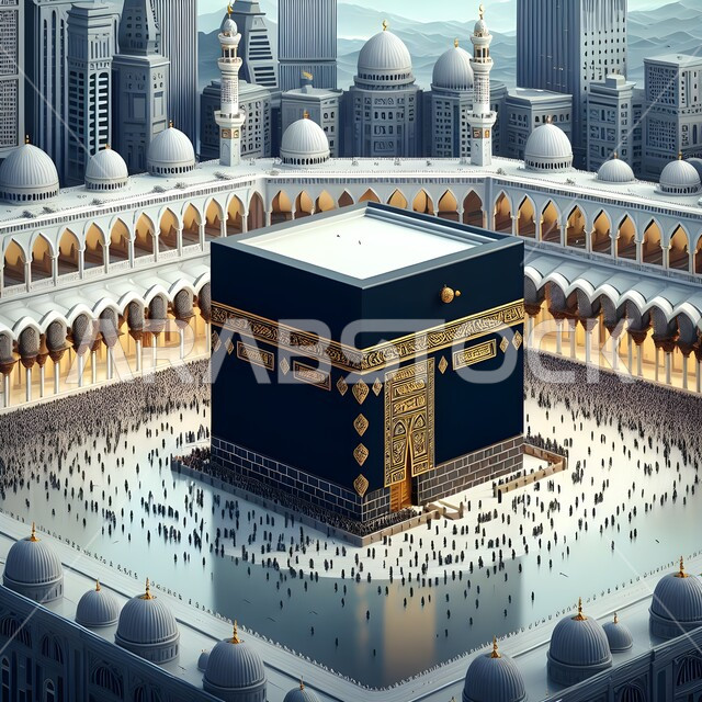 Architectural engineering art in the modern Islamic style, spiritual atmosphere and places, a close-up of the Holy Kaaba and the Holy Mosque of Mecca in Mecca, sacred religious landmarks and places, towers and hotels surrounding the Mosque of Mecca, Islamic matters and worship