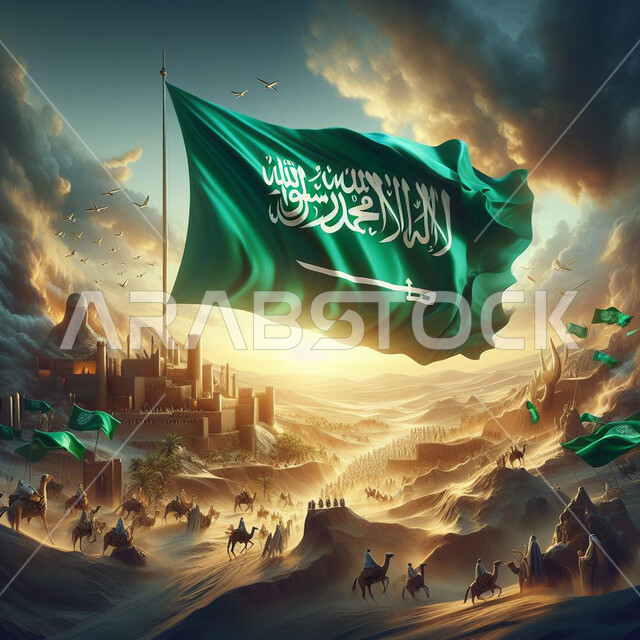 علم المملكة العربية السعودية يرفرف في السماء في الاراضي الصحراوية، الاخلاص والولاء للبلاد ،احتفالات و مناسبات وطنية ،ذكرى اليوم الوطني 23 سبتمبر ،مجموعه من الرجال يمتطون الجمال ويحتفلون بيوم العلم 11 مارس، راية التوحيد والإسلام، مفهوم حب الوطن والانتماء اليه،