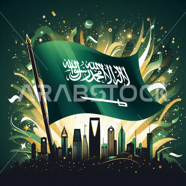 الاخلاص والولاء للبلاد ،احتفالات و مناسبات وطنية ،علم المملكة العربية السعودية يرفرف في السماء فوق الابراج وناطحات السحاب، ذكرى اليوم الوطني 23 سبتمبر ،الاحتفال بيوم العلم 11 مارس، راية التوحيد والإسلام وشعار الهوية الوطنية، مفهوم حب الوطن والانتماء اليه