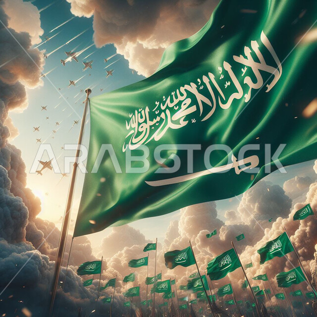 راية التوحيد والإسلام، احتفالات ومناسبات وطنية ،مجموعه من أعلام المملكة العربية السعودية الخضراء، ذكرى اليوم الوطني 23 سبتمبر ،الاحتفال بيوم العلم 11 مارس بالطائرات، مفهوم حب الوطن والانتماء اليه، الاخلاص والولاء للبلاد، خلفية السماء المليئة بالغيوم