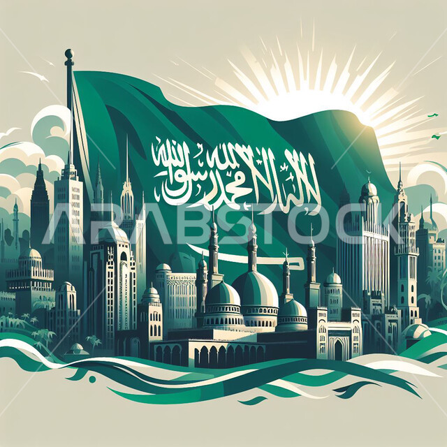 رسوم توضيحيه للابراج وناطحات السحاب ،علم السعودية خلف المباني السكنية في وقت شروق الشمس، الاحتفال بيوم العلم السعودي 11 مارس، راية التوحيد والإسلام وشعار الهوية الوطنية، ذكرى اليوم الوطني 23 سبتمبر، مناسبات واعياد وطنية