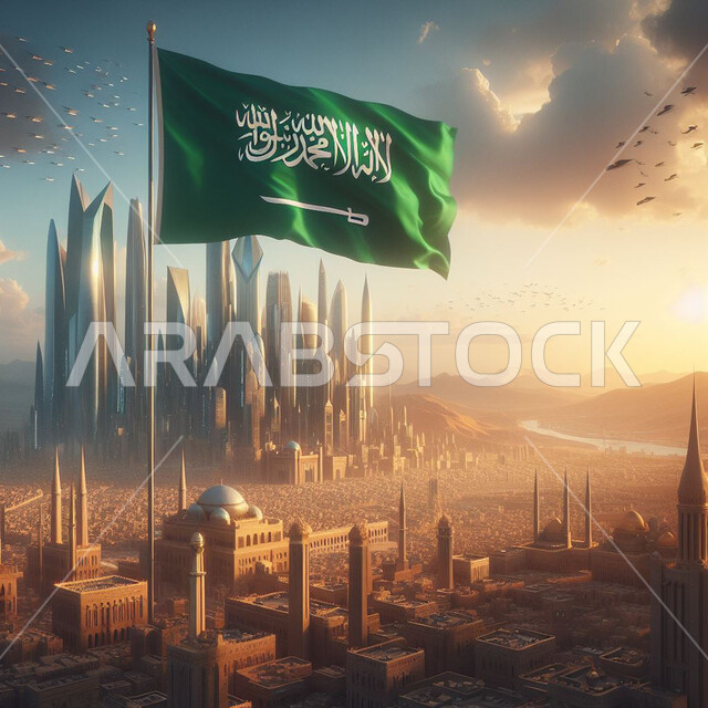  احياء ذكرى اليوم الوطني 23 سبتمبر، الفن الهندسي للابراج وناطحات السحاب، راية الإسلام و التوحيد وشعار الهوية الوطنية، علم المملكة العربية السعودية مرفرف في السماء في وقت غروب الشمس، الاحتفال بيوم العلم السعودي 11 مارس، خلفية السماء المليئة بالغيوم البيضاء