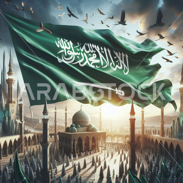 Birds fluttering in the sky of the Kingdom above the flagpole of Saudi Arabia fluttering over mosques at sunset, a group of Saudi Arab Muslims wearing traditional dress and celebrating Flag Day, March 11, the banner of monotheism and Islam and the slogan of national identity, the anniversary of National Day, September 23.