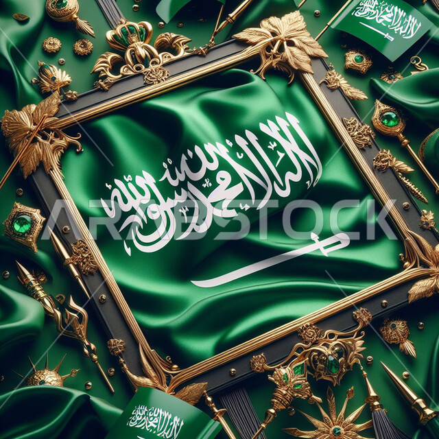 علم المملكة في برواز ذهبي مزخرف، ذكرى اليوم الوطني 23 سبتمبر ،الاحتفال بيوم العلم 11 مارس، راية التوحيد والإسلام وشعار الهوية الوطنية، رمز المملكة العربية السعودية، مفهوم حب الوطن والانتماء اليه