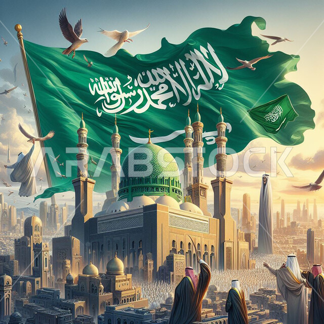  ذكرى اليوم الوطني 23 سبتمبر ،سارية علم السعودية ترفرف فوق المساجد وقت غروب الشمس، مجموعه من الرجال العرب السعوديين يرتدون الزي التقليدي و يحتفلون  بيوم العلم 11 مارس، راية التوحيد والإسلام وشعار الهوية الوطنية، رمز المملكة العربية السعودية