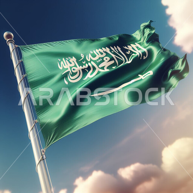 الاحتفال بيوم العلم السعودي 11 مارس، راية التوحيد والإسلام وشعار الهوية الوطنية، رمز المملكة العربية السعودية، ذكرى اليوم الوطني 23 سبتمبر، صورة مقربة لعلم السعودية مرفرف في السماء في وقت النهار، خلفية السماء المليئة بالغيوم البيضاء