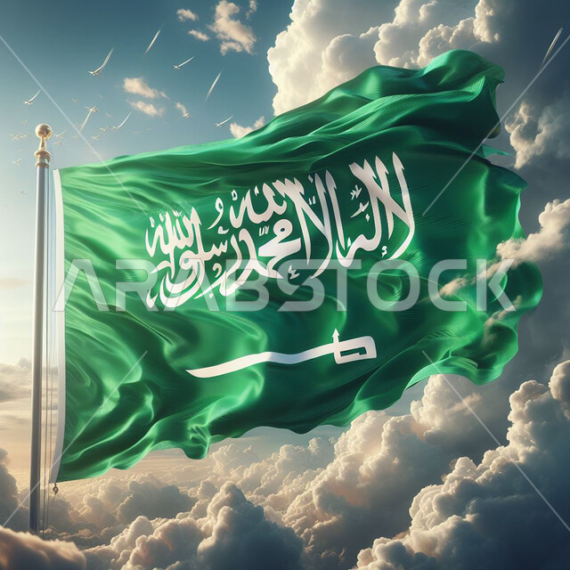  راية التوحيد والإسلام وشعار الهوية الوطنية، رمز المملكة العربية السعودية، ذكرى اليوم الوطني 23 سبتمبر، صورة مقربة لعلم السعودية مرفرف في السماء في وقت النهار، الاحتفال بيوم العلم السعودي 11 مارس، خلفية السماء المليئة بالغيوم البيضاء
