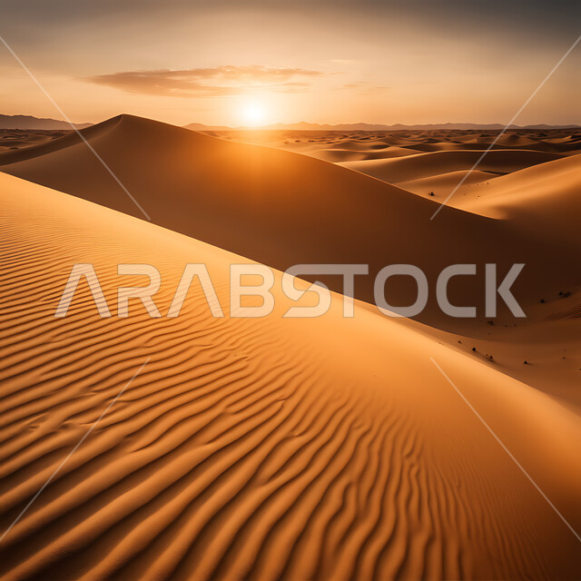 منظر غروب الشمس على التلال والهضاب من الرمال الناعمة، التكوينات والتشكلات الرملية في صحراء المملكة العربية السعودية، التضاريس و المرتفعات والقمم الجبلية في البراري، مناطق البادية والبيئة الطبيعية الصحراوية، خلفية الطبيعة