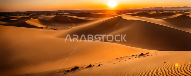 مناطق البادية والبيئة الطبيعية الصحراوية وقت غروب الشمس، المرتفعات والتضاريس والقمم الجبلية في البراري، التكوينات والتشكلات الرملية في صحراء المملكة العربية السعودية، الهضاب و التلال من الرمال الناعمة، خلفية الطبيعة