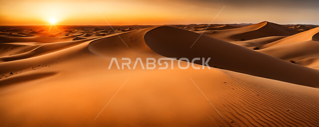 Badia areas and the natural desert environment at sunset, highlands, terrain and mountain peaks in the prairies, sand formations and formations in the desert of the Kingdom of Saudi Arabia, plateaus and hills of soft sand, nature background