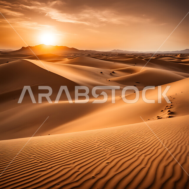  التشكلات و التكوينات الرملية في صحراء المملكة العربية السعودية، منظر غروب الشمس على التلال والهضاب من الرمال الناعمة، التضاريس و المرتفعات والقمم الجبلية في البراري، مناطق البادية والبيئة الطبيعية الصحراوية، خلفية الطبيعة