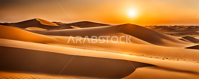 منظر غروب الشمس على التلال والهضاب من الرمال الناعمة، التكوينات والتشكلات الرملية في صحراء المملكة العربية السعودية، التضاريس و المرتفعات والقمم الجبلية في البراري، مناطق البادية والبيئة الطبيعية الصحراوية، خلفية الطبيعة