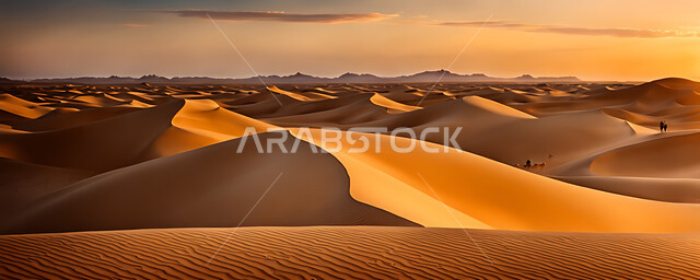 التكوينات والتشكلات الرملية في صحراء المملكة العربية السعودية، التضاريس و المرتفعات والقمم الجبلية في البراري، مناطق البادية والبيئة الطبيعية الصحراوية وقت غروب الشمس، الهضاب و التلال من الرمال الناعمة، خلفية الطبيعة