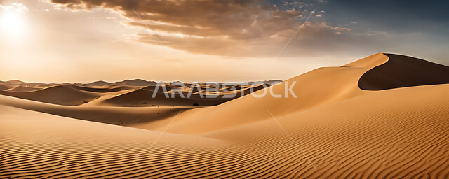 التضاريس و المرتفعات والقمم الجبلية في البراري، مناطق البادية والبيئة الطبيعية الصحراوية وقت غروب الشمس، التكوينات والتشكلات الرملية في صحراء المملكة العربية السعودية، الهضاب و التلال من الرمال الناعمة، خلفية الطبيعة