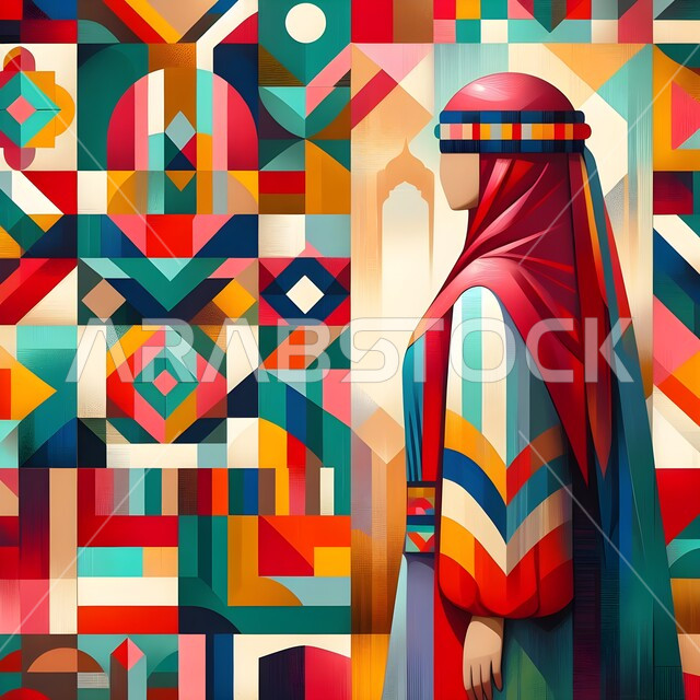 رسومات وأشكال وخطوط هندسية ملونة, لوحة جدارية لامرأة عربية خليجية كويتية محجبة ترتدي زي علم الكويت الملون, التصاميم والزخارف الفنية