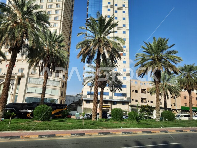 فندق المرجان كروم في طريق الأمير محمد بن سلمان بن عبد العزيز، معالم واماكن اسلامية دينية مقدسة، الفنادق والأبراج الفاخرة المحيطة بالمسجد الحرام, حركة السيارات في الطرقات والشوارع المعبدة في  السعودية، الاهتمام بزراعة الأشجار والنباتات الخضراء في مكة المكرمة