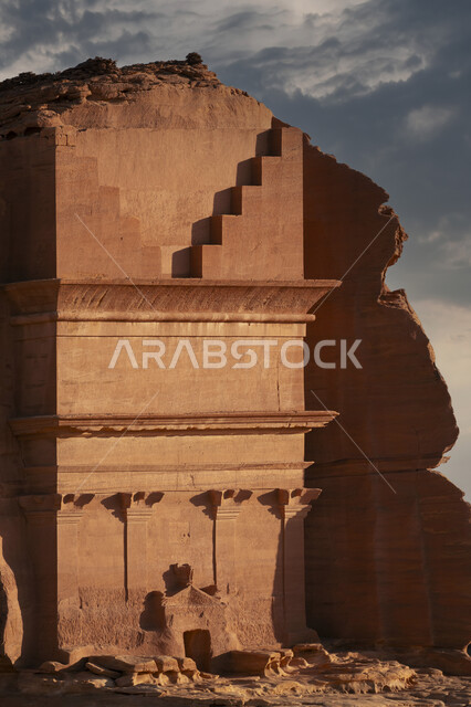 Ancient civilization and historical monuments, rock sculpture in desert areas, rock formations and formations of Mada’in Saleh in Al-Ula Governorate in the Kingdom of Saudi Arabia, places of attraction and attracting tourists from all over the world, famous natural tourist attractions in the Arabian Desert