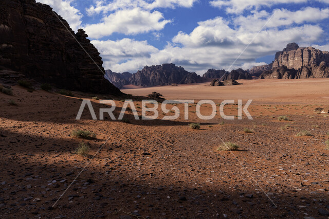 Desert areas and sand dunes in the prairies, ancient historical monuments, famous tourist places in the Kingdom of Saudi Arabia, desert natural reserves, mountain ranges and rock formations in the Tabuk region, the view of white clouds in the sky
