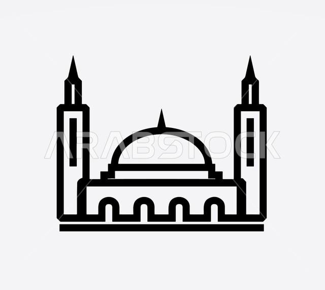  تصاميم ومجسمات اسلامية، فن هندسي معماري، خلفية بيضاء، تعزيز الاستقرار النفسي والروحانية، رمز وأيقونة دينية، العبادة والتقرب الى الله،  رسم توضيحي لمجسم مسجد ثلاثي الابعاد بالأسود والابيض