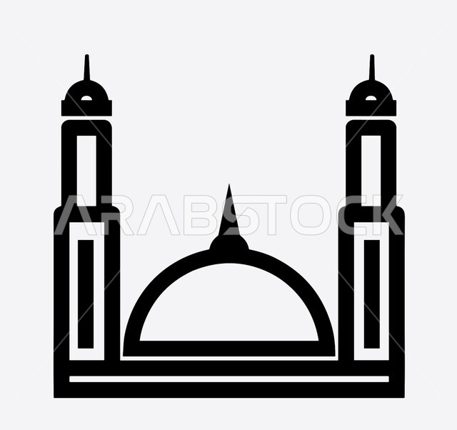  تصاميم ومجسمات اسلامية، فن هندسي معماري، خلفية بيضاء، تعزيز الاستقرار النفسي والروحانية، رمز وأيقونة دينية، العبادة والتقرب الى الله،  رسم توضيحي لمجسم مسجد ثلاثي الابعاد بالأسود والابيض