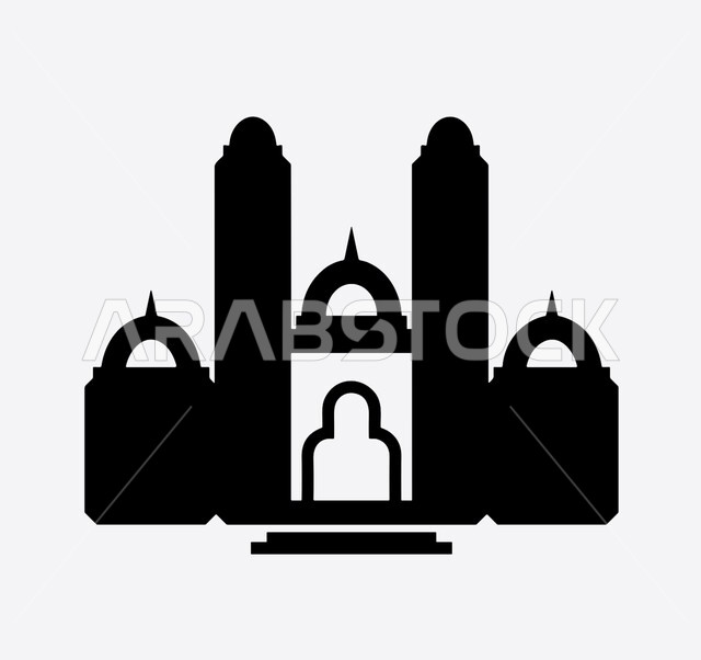  رسم توضيحي لمجسم مسجد ثلاثي الابعاد بالأسود والابيض، تصاميم ومجسمات اسلامية، فن هندسي معماري، خلفية بيضاء، تعزيز الاستقرار النفسي والروحانية، رمز وأيقونة دينية، العبادة والتقرب الى الله