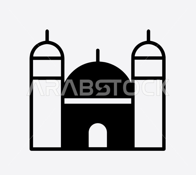  رسم توضيحي لمجسم مسجد ثلاثي الابعاد بالأسود والابيض، تصاميم ومجسمات اسلامية، فن هندسي معماري، خلفية بيضاء، تعزيز الاستقرار النفسي والروحانية، رمز وأيقونة دينية، العبادة والتقرب الى الله