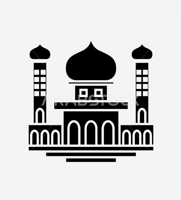  رسم توضيحي لمجسم مسجد ثلاثي الابعاد بالأسود والابيض، تصاميم ومجسمات اسلامية، فن هندسي معماري، خلفية بيضاء، تعزيز الاستقرار النفسي والروحانية، رمز وأيقونة دينية، العبادة والتقرب الى الله