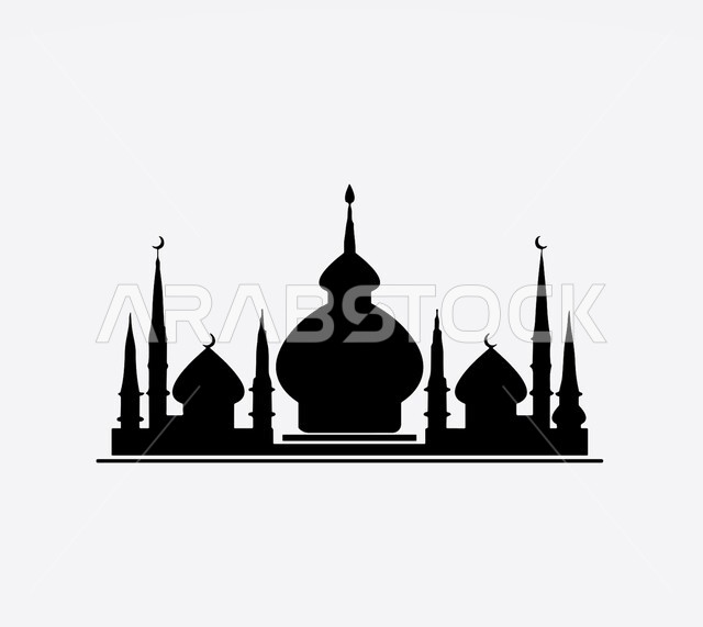 رمز وأيقونة دينية، العبادة والتقرب الى الله، رسم توضيحي لمجسم مسجد ثلاثي الابعاد بالأسود والابيض، تصاميم ومجسمات اسلامية، فن هندسي معماري، خلفية بيضاء، تعزيز الاستقرار النفسي والروحانية