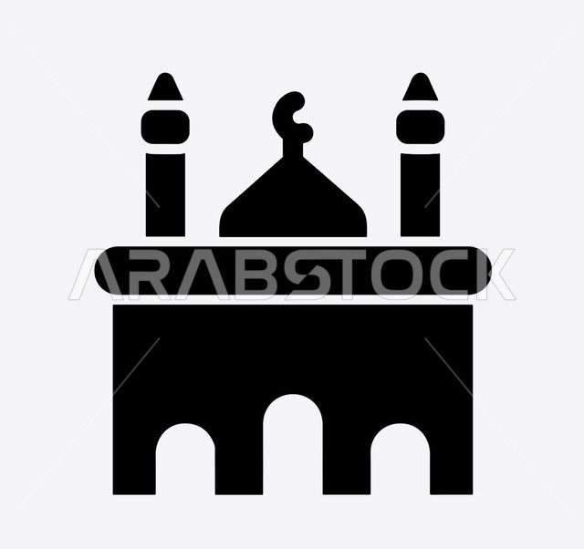 رمز وأيقونة دينية، العبادة والتقرب الى الله، رسم توضيحي لمجسم مسجد ثلاثي الابعاد بالأسود والابيض، تصاميم ومجسمات اسلامية، فن هندسي معماري، خلفية بيضاء، تعزيز الاستقرار النفسي والروحانية