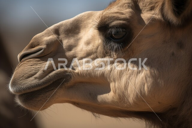 A close-up photo of a camel's face in broad daylight, raising livestock in natural reserves in the Kingdom of Saudi Arabia, attention and care for mammals.