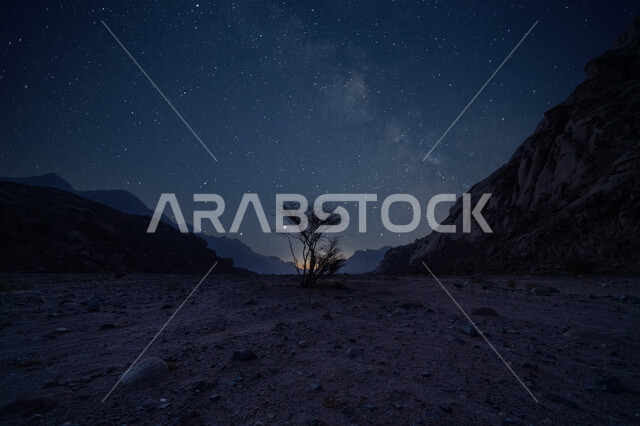 القمم والمرتفعات الجبلية في منطقة تبوك في السعودية ليلا، التكوينات الصخرية الطبيعية في المناطق الصحراوية، النجوم اللامعة في سماء مجرة درب التبانة، معالم اثرية تاريخية قديمة، اماكن سياحية في السعودية، نمو الأعشاب البرية والنباتات في الصحاري