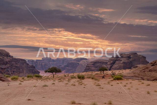 التكوينات والتشكيلات الصخرية في المملكة العربية السعودية، الاستمتاع بالمناظر الطبيعية و الرمال الذهبية، سلسة جبلية في مدينة تبوك الصحراوية، معالم سياحية مشهورة في وقت غروب الشمس, التضاريس والنحت الصخري في المناطق المرتفعة