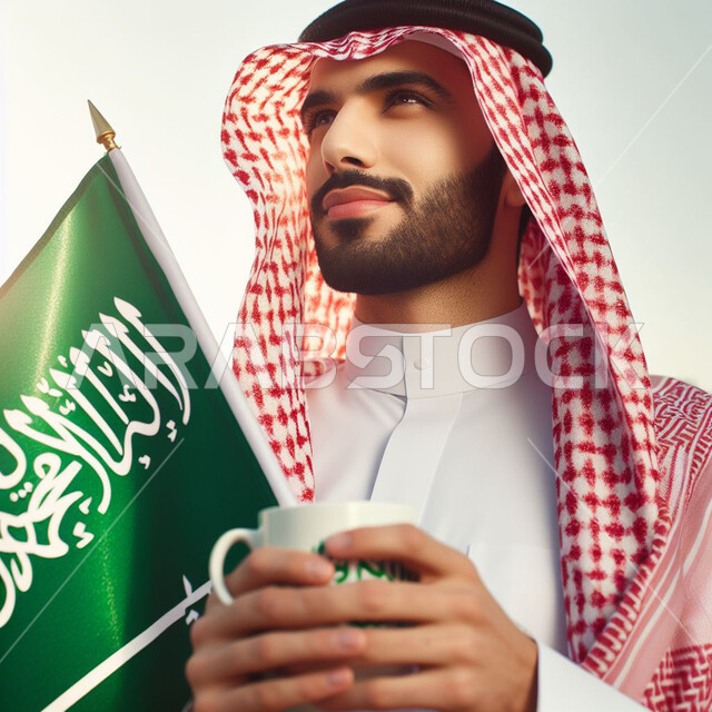 ذكرى توحيد المملكة 8 ربيع الاول، إيماءات السرور والاعتزاز بإنجازات الوطن، بورتريه مقرب لرجل عربي سعودي خليجي يرتدي الشماغ والثوب التقليدي يحمل علم السعودية، يوم العلم 11 مارس، الولاء للوطن بالاحتفال بالعيد الوطني السعودي