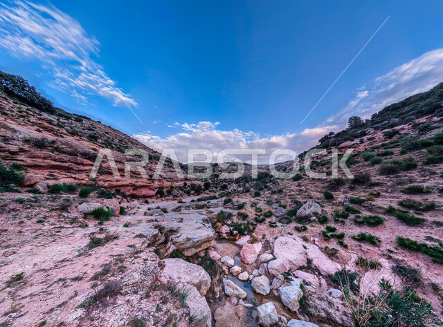 السحب في السماء الزرقاء فوق وادي الصخور في المملكة العربية السعودية، البيئة الجبلية والتكوينات الصخرية القاسية، اماكن طبيعية سياحية، نمو النباتات والاعشاب البرية في المناطق النائية